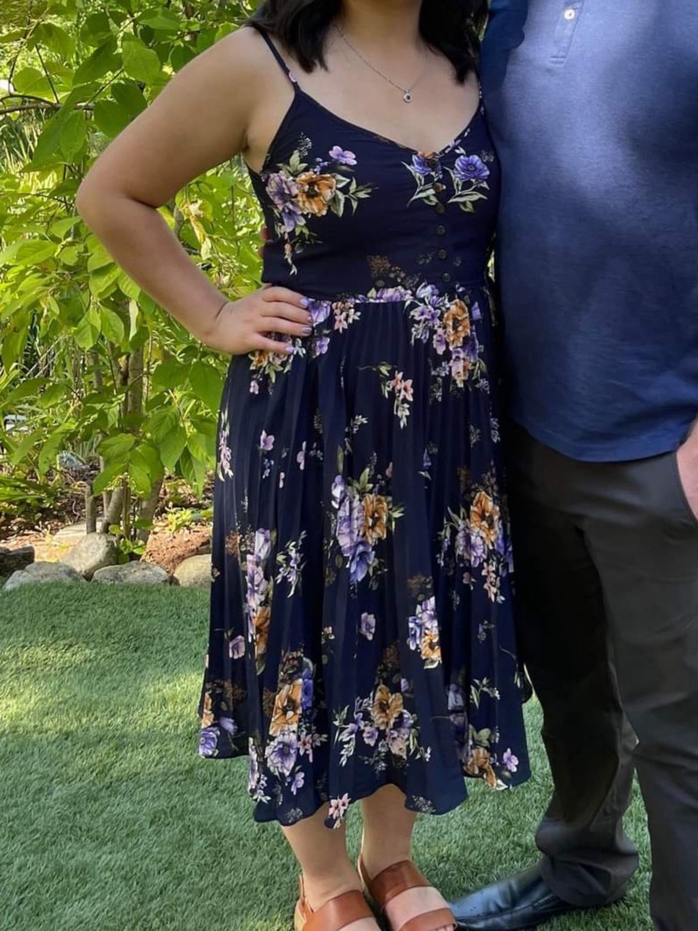 Xhilaration Navy Floral Midi Dress with Purple & Orange Blooms - Picture 5 of 5